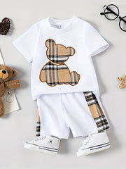 Plaid Bear Embroidery T shirt & Shorts Baby 2pcs Set Clothes