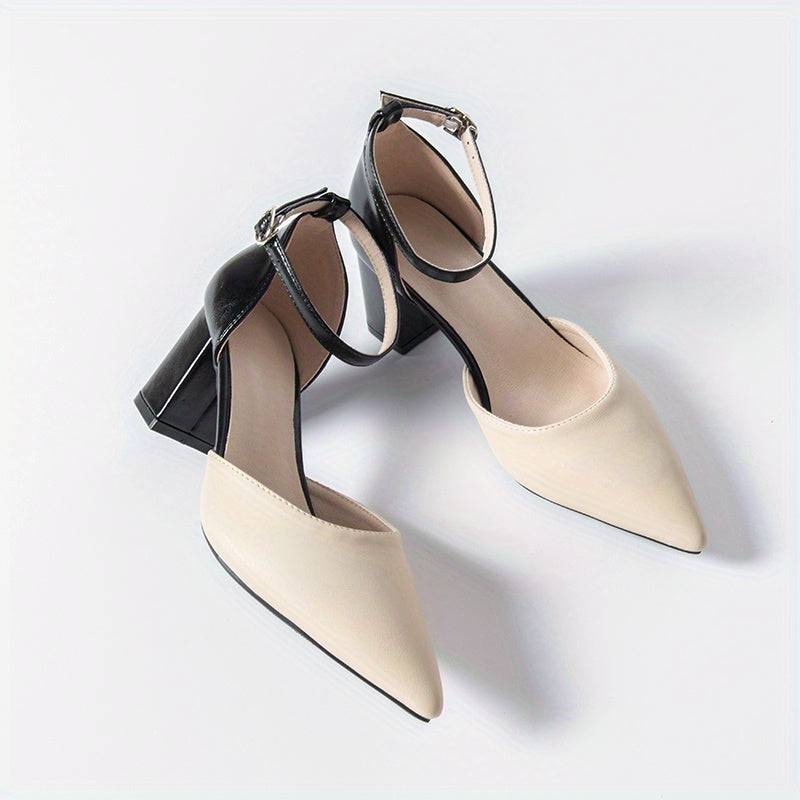 Block Heel Sandals Pointed Toe Buckle Strap Shoes Colorblock Pumps