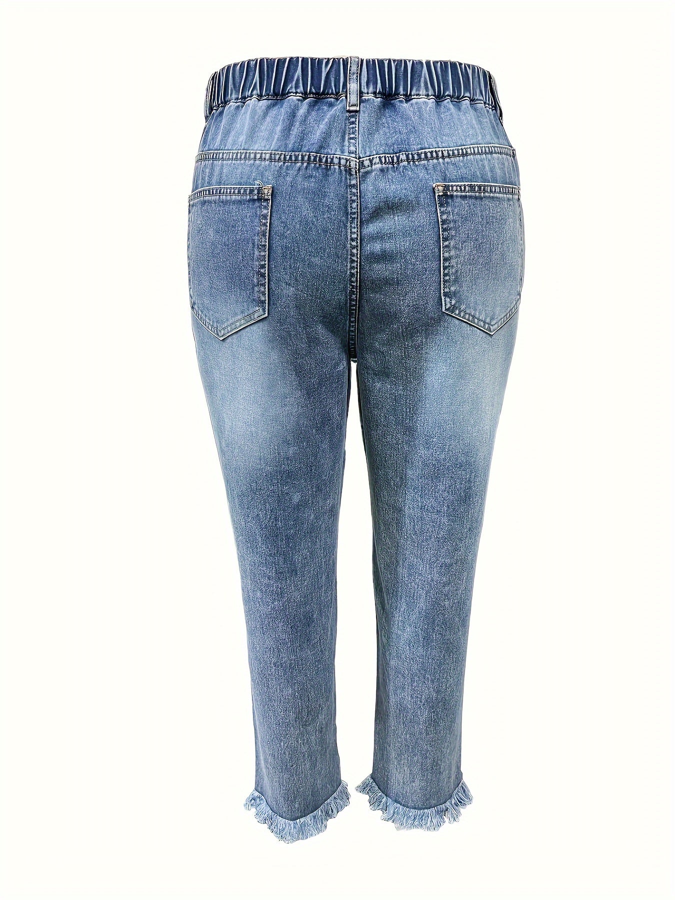 Fringe Trim Jeans Washed Ripped Button Fly