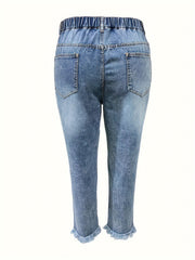 Fringe Trim Jeans Washed Ripped Button Fly