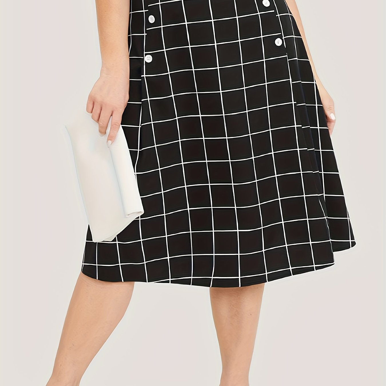 Gird Print Button High Rise Knee Length Skirt