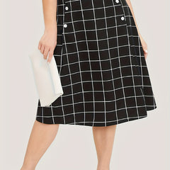 Gird Print Button High Rise Knee Length Skirt