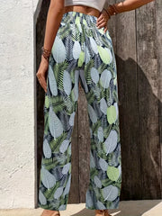 Women's Plus Tropical Print Shirred Waist High Rise Loose Fit Trousers