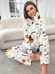 Halloween Pumpkin Print Pajama Set Long Sleeve Crew Neck Top & Pants Sleepwear