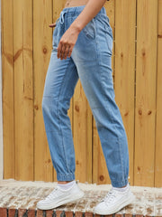Elastic Waist Jogger Pants Straight Legs Denim Jeans