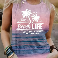 Beach & Letter Print Tank Top Sleeveless Casual Crew Neck Tank Top