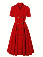 Retro Dress Women's Plus Solid Double Breast Button Short Sleeve