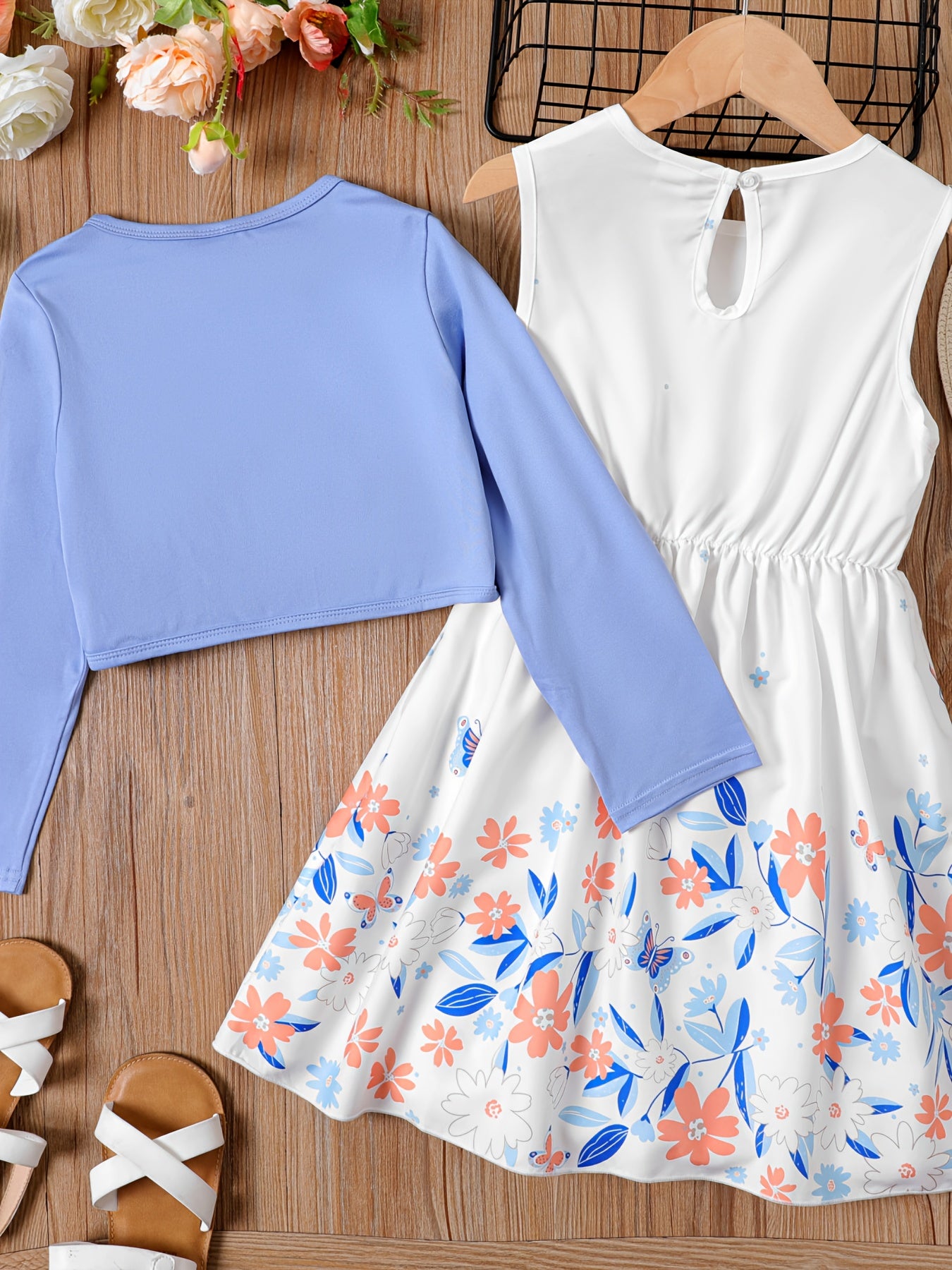 2pcs Girl Cardigan & Floral Tank Dress Set for Kids