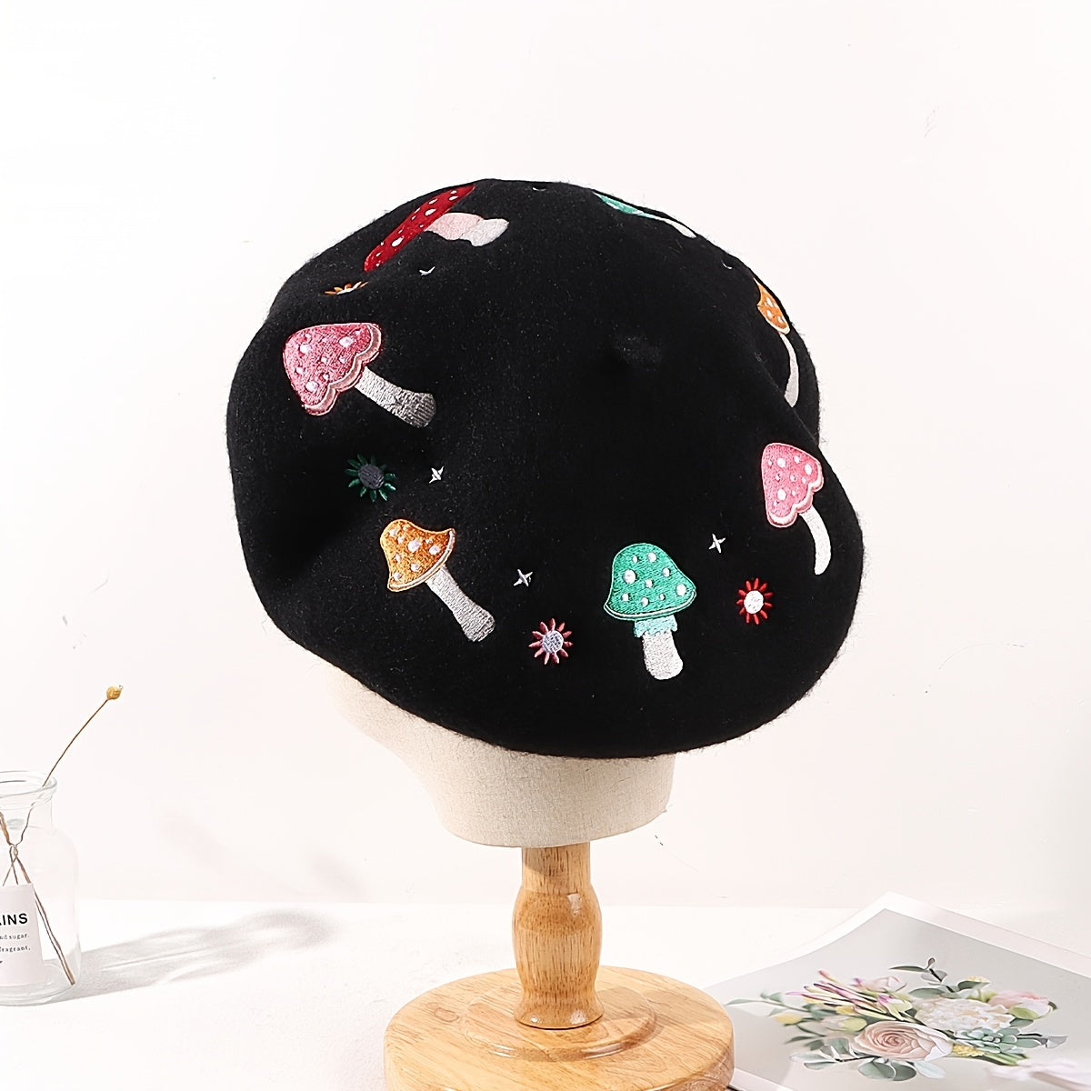 Mushroom Embroidery Wool Beret Art Painter Hat Women's Autumn Winter