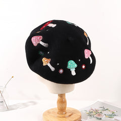 Mushroom Embroidery Wool Beret Art Painter Hat Women's Autumn Winter