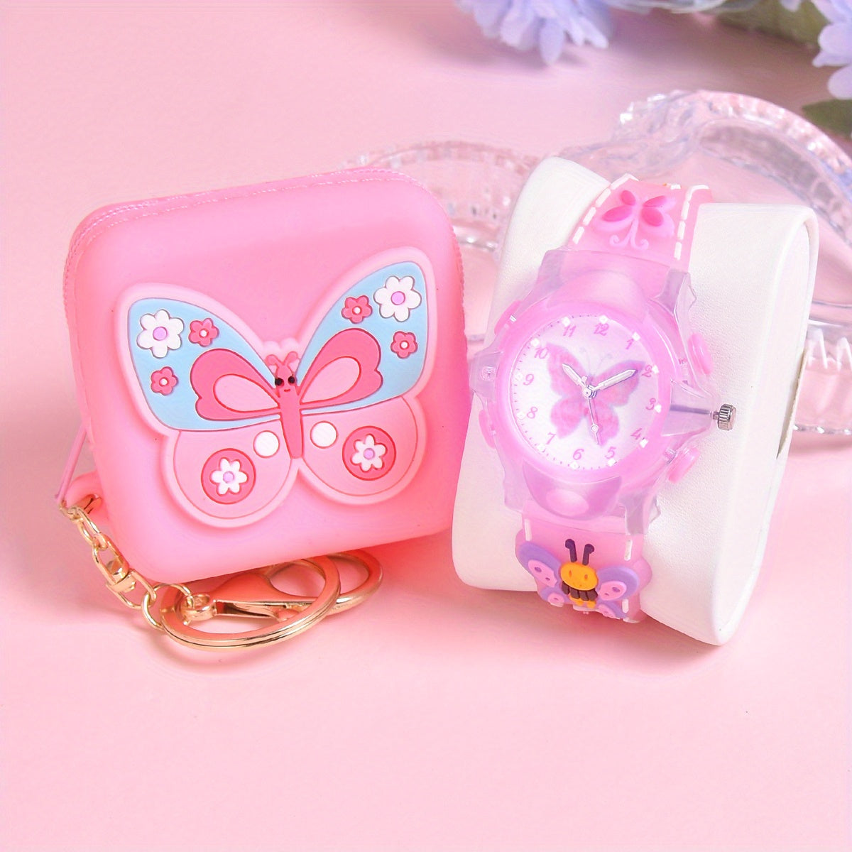 Girls' 3D Butterfly Silicone Strap Watch with LED Flash Quartz Wristwatch Set