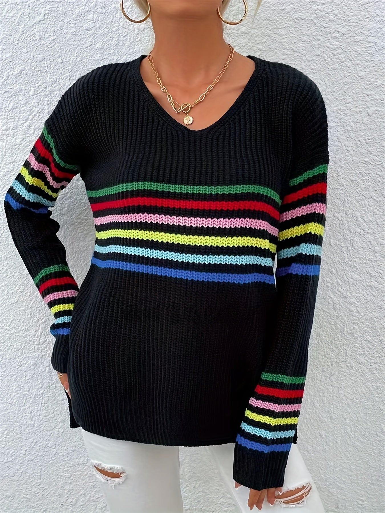 Rainbow Stripe Pullover Sweater V Neck for Women