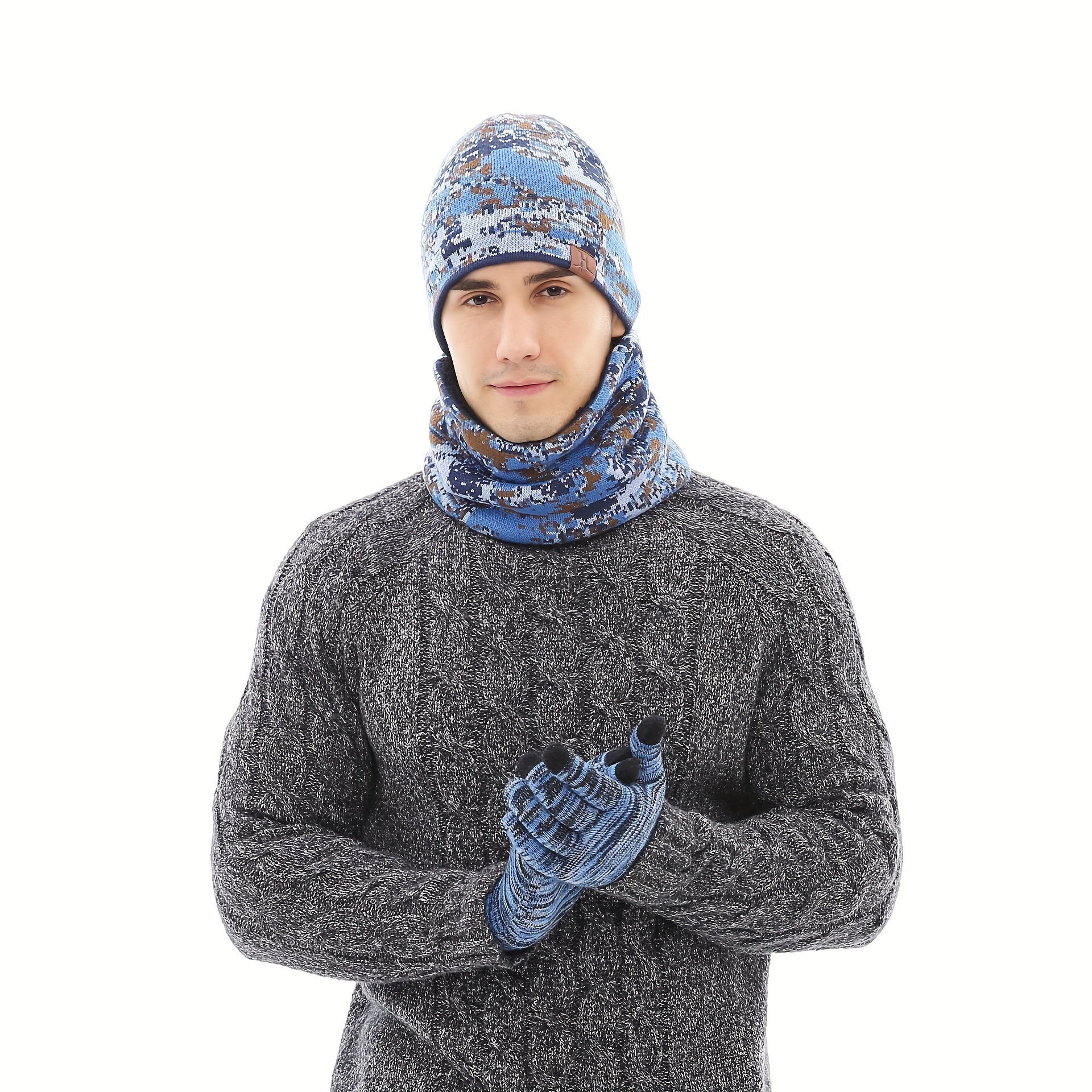 Camouflage Winter Beanie Gloves Neck Warmer Set