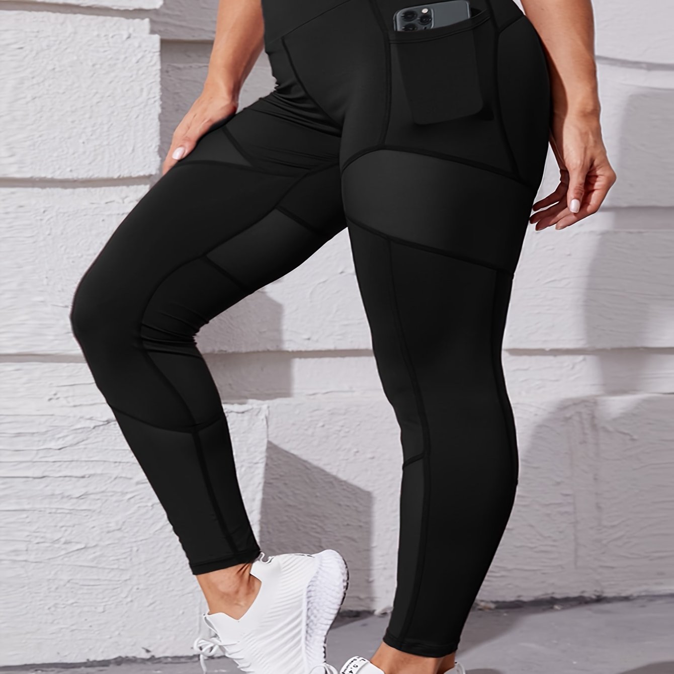 Solid Pipping Contrast Mesh High Rise Stretch Leggings With Pocket
