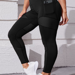Solid Pipping Contrast Mesh High Rise Stretch Leggings With Pocket