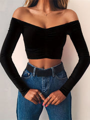 Off Shoulder Long Sleeve Short Sweater Sexy Crop Top