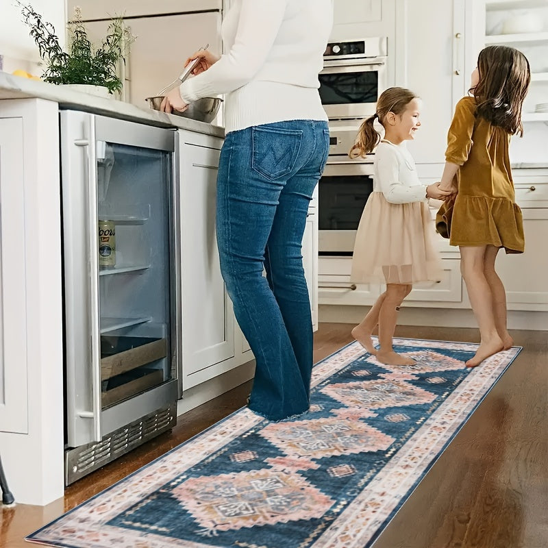 Geometric Pattern Washable Runner Rug Non Slip Vintage Print Rugs