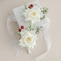 2pcs FANGSEN Artificial Rose Bridal Bouquets Bohemian Style with Lace Ribbon