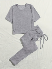 Short Sleeve Crew Neck Top & Elastic Waistband Pants Set