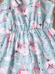 Floral Ruffle Trim Rompers Wide Leg Jumpsuit for Beach Vacation