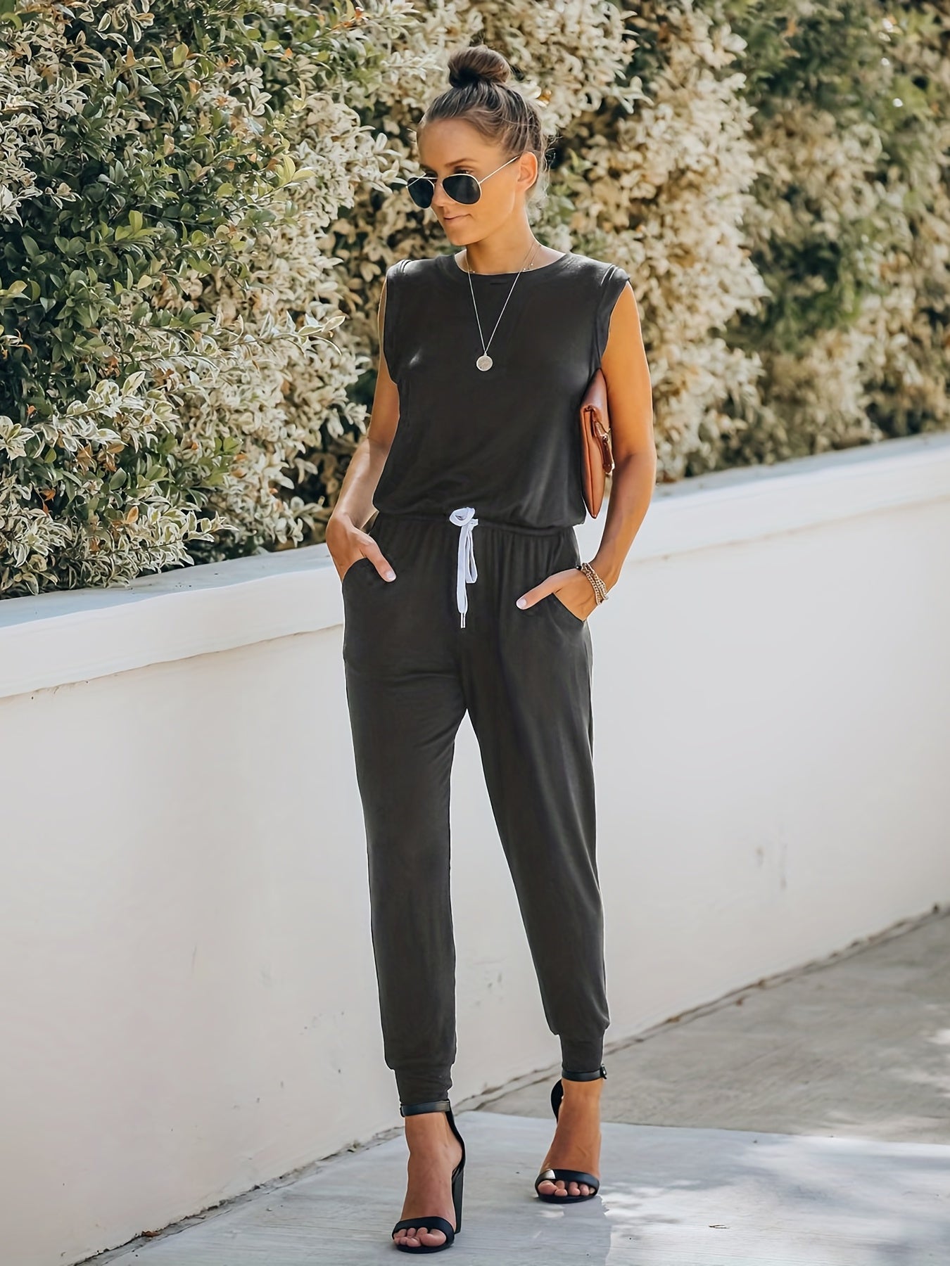 Solid Drawstring Jumpsuit Crew Neck Elastic Waist Women's Clothing
