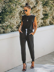 Solid Drawstring Jumpsuit Crew Neck Elastic Waist Women's Clothing
