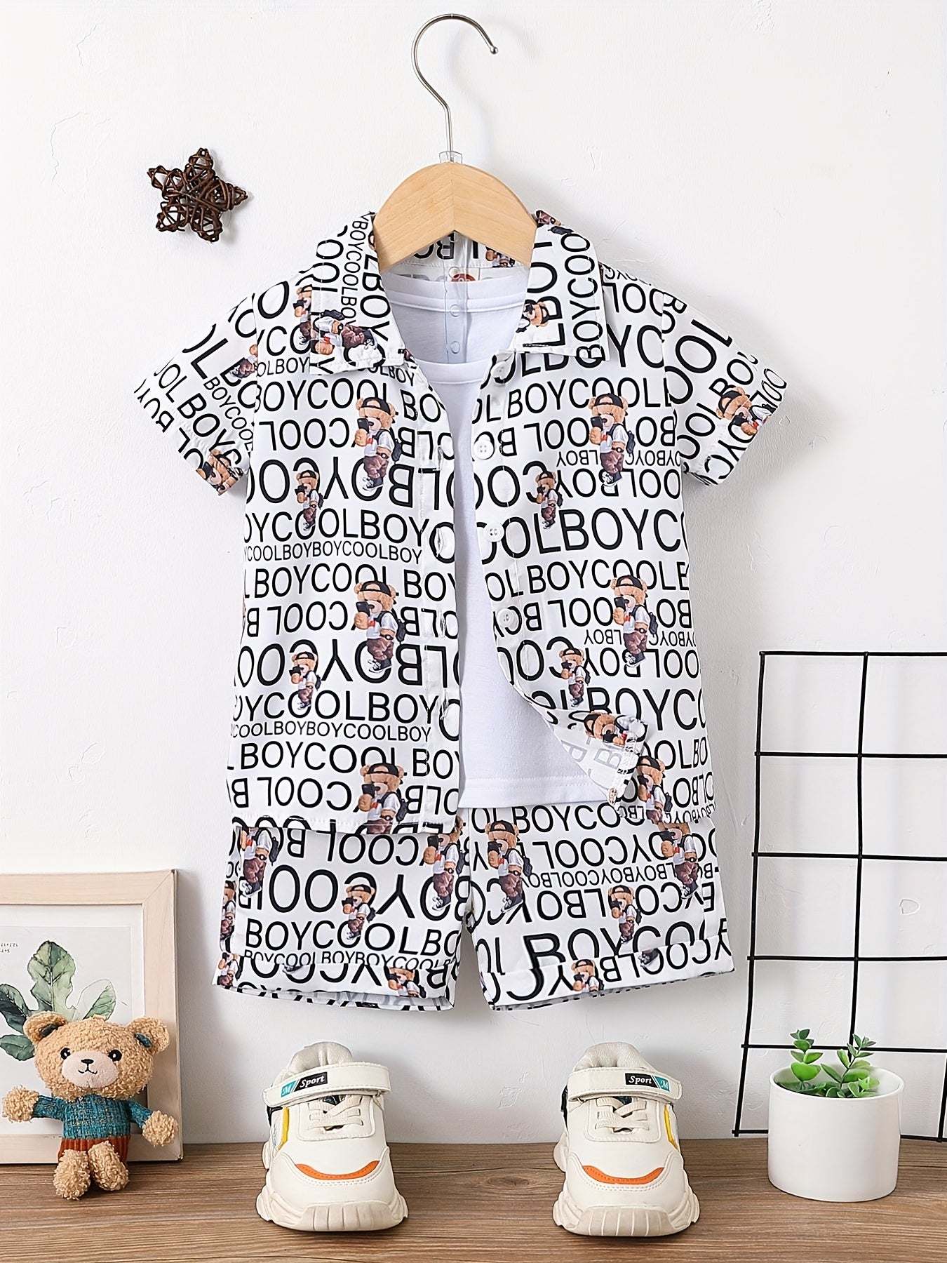 Boys Letter & Bear Print Outfit Short Sleeves Shirt & Shorts Set