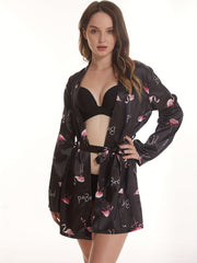 Flamingo Print Night Robe Long Sleeve V Neck Robe Women's Sleepwear