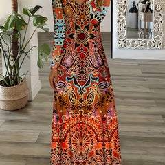 Ethnic Floral Print Maxi Dress V Neck Long Sleeve