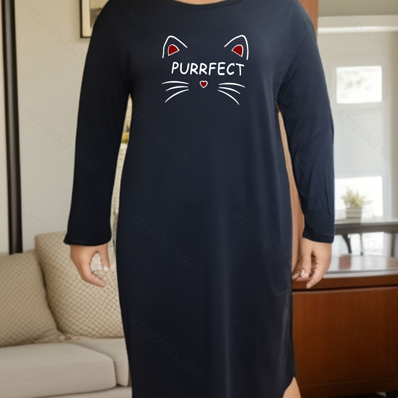 Cat Print Long Sleeve Lounge Dress