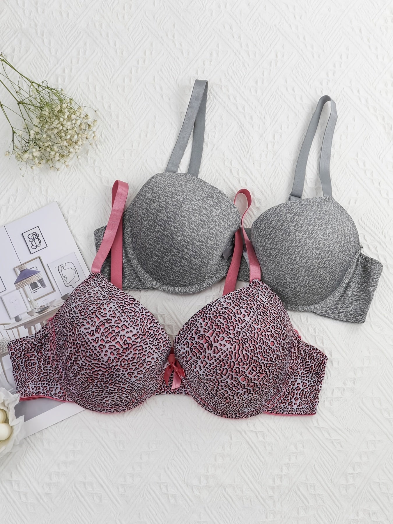 2 Pack Plus Size Casual Bras Set Women's Plus Bow Knot Underwire Full Coverage