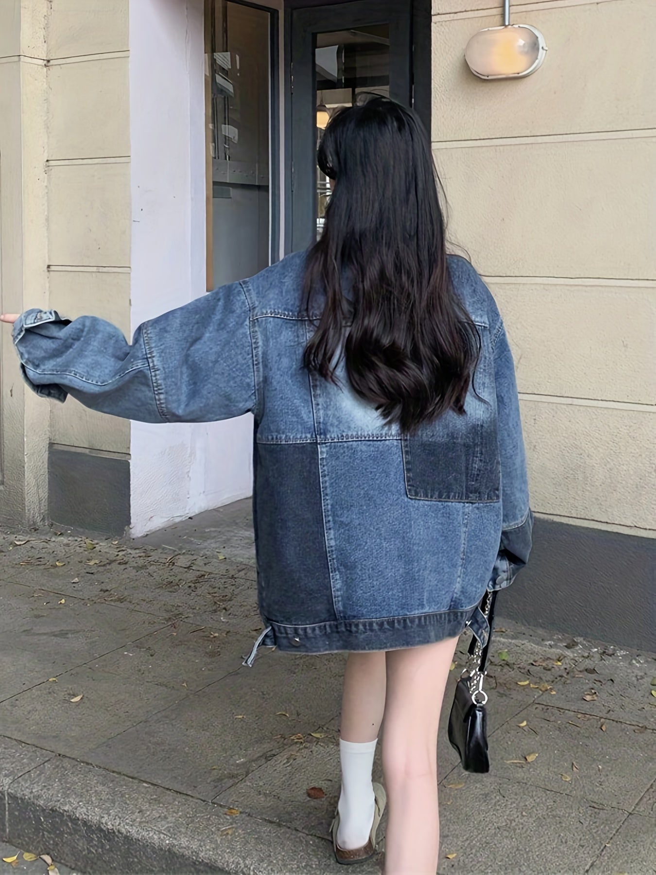 Women's Patchwork Lapel Denim Jacket Loose Fit Retro Style Coat