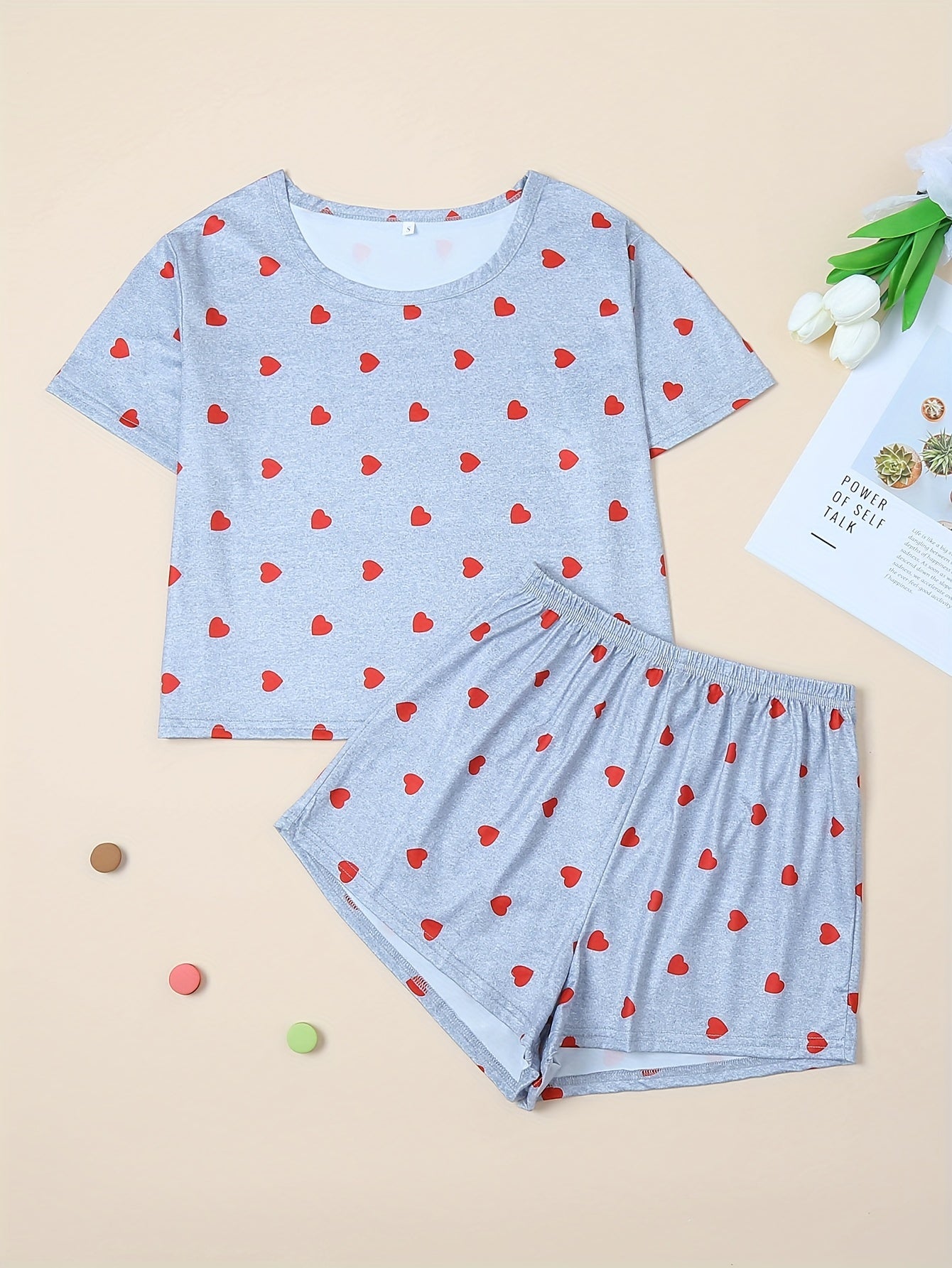 Heart Print Pajamas Set Short Sleeve Crew Neck Top & Shorts