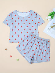 Heart Print Pajamas Set Short Sleeve Crew Neck Top & Shorts