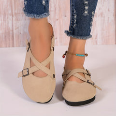 Women's Cross Buckle Strap Mules Casual Slip On Flat Shoes
