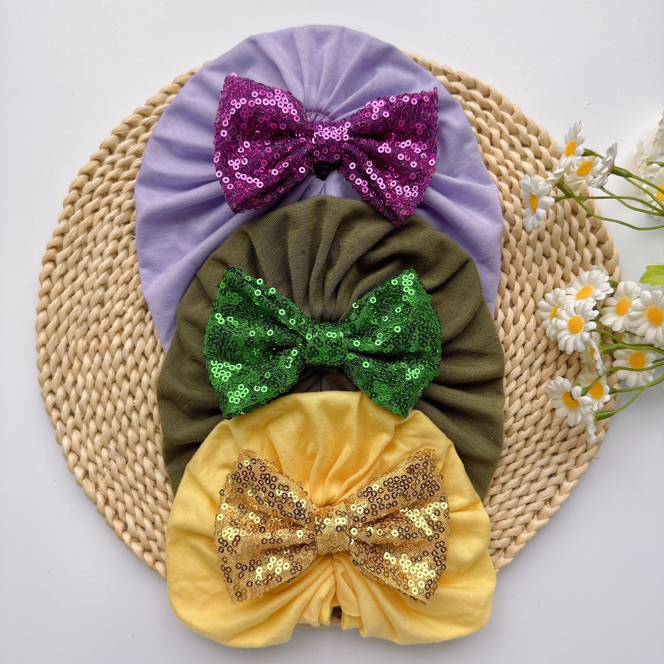 Soft Elastic Baby Sequin Bow Turban Hat