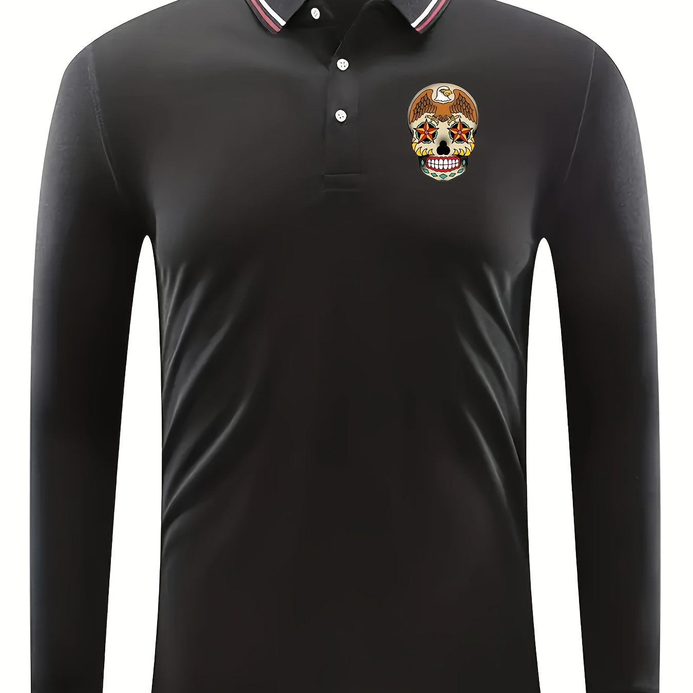 Skull Pattern Men's Long Sleeve Polo Shirt
