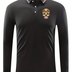 Skull Pattern Men's Long Sleeve Polo Shirt
