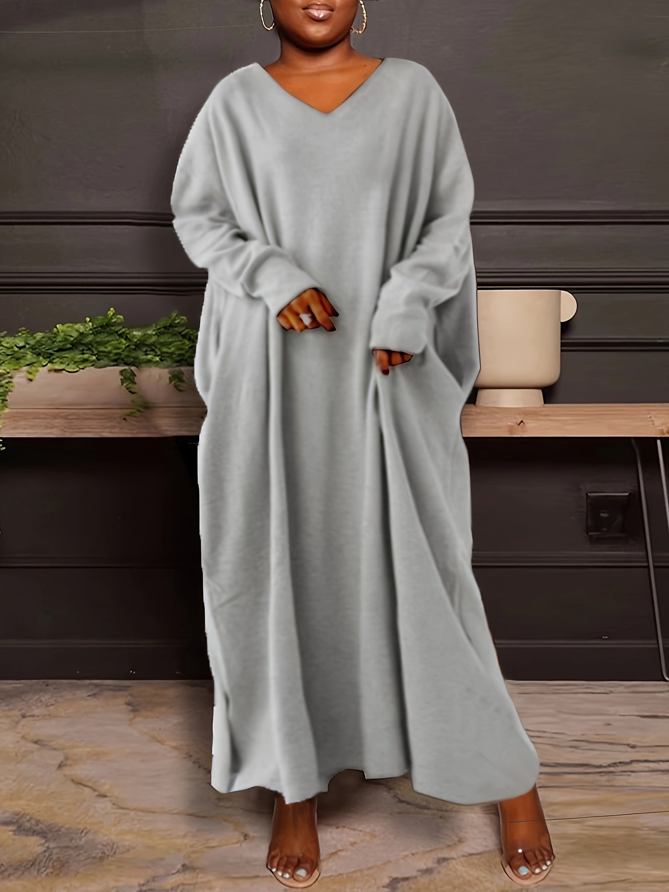 Solid Long Sleeve V Neck Stretch Maxi Dress