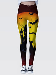 Castle & Bat Print Skinny Leggings Stretchy Women's Clothing