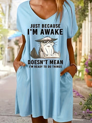 Slogan & Cartoon Cat Print Tee Dress With Pockets