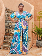 Tie Dye Print Short Sleeve Crop Top & Maxi Skirt Set Plus Size