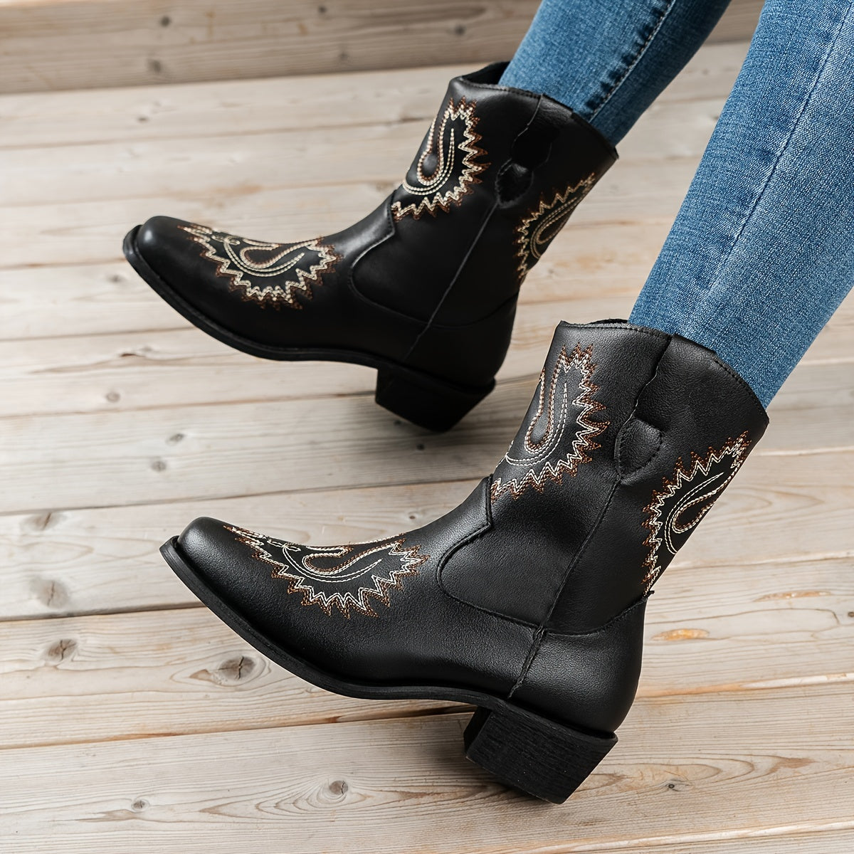 Embroidered Western Boots Wide Calf Slip On Women's Footwear