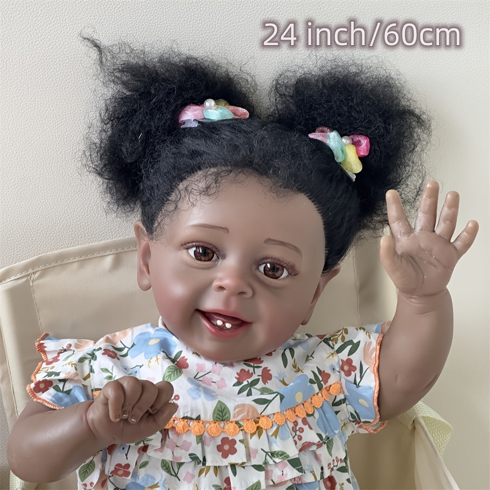 24" 60 Cm Reborn Baby Doll Smiling Face Dark Brown Hair Soft Body Art Collection