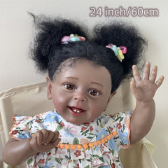 24" 60 Cm Reborn Baby Doll Smiling Face Dark Brown Hair Soft Body Art Collection