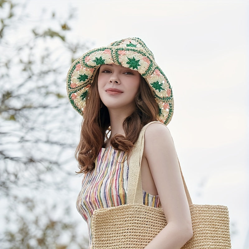 Vintage Floral Crochet Bucket Hat Bohemian Hollow Breathable Basin Hat