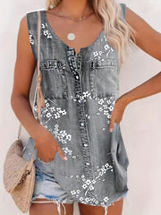 Flower Print Pocket Tank Top Sleeveless Button