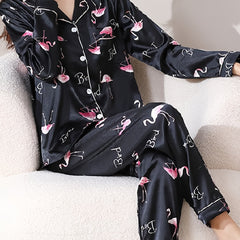 Flamingo Print Satin Pajama Set for Women