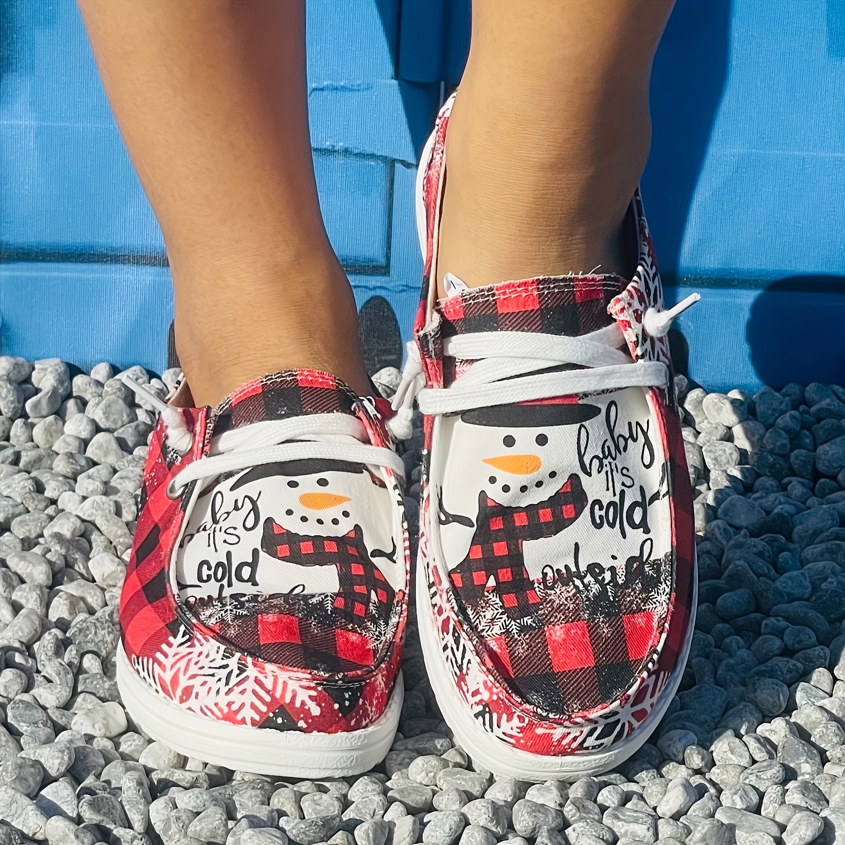 Christmas Women's Casual Flat Red Grid Snowman Print Canvas Shoes