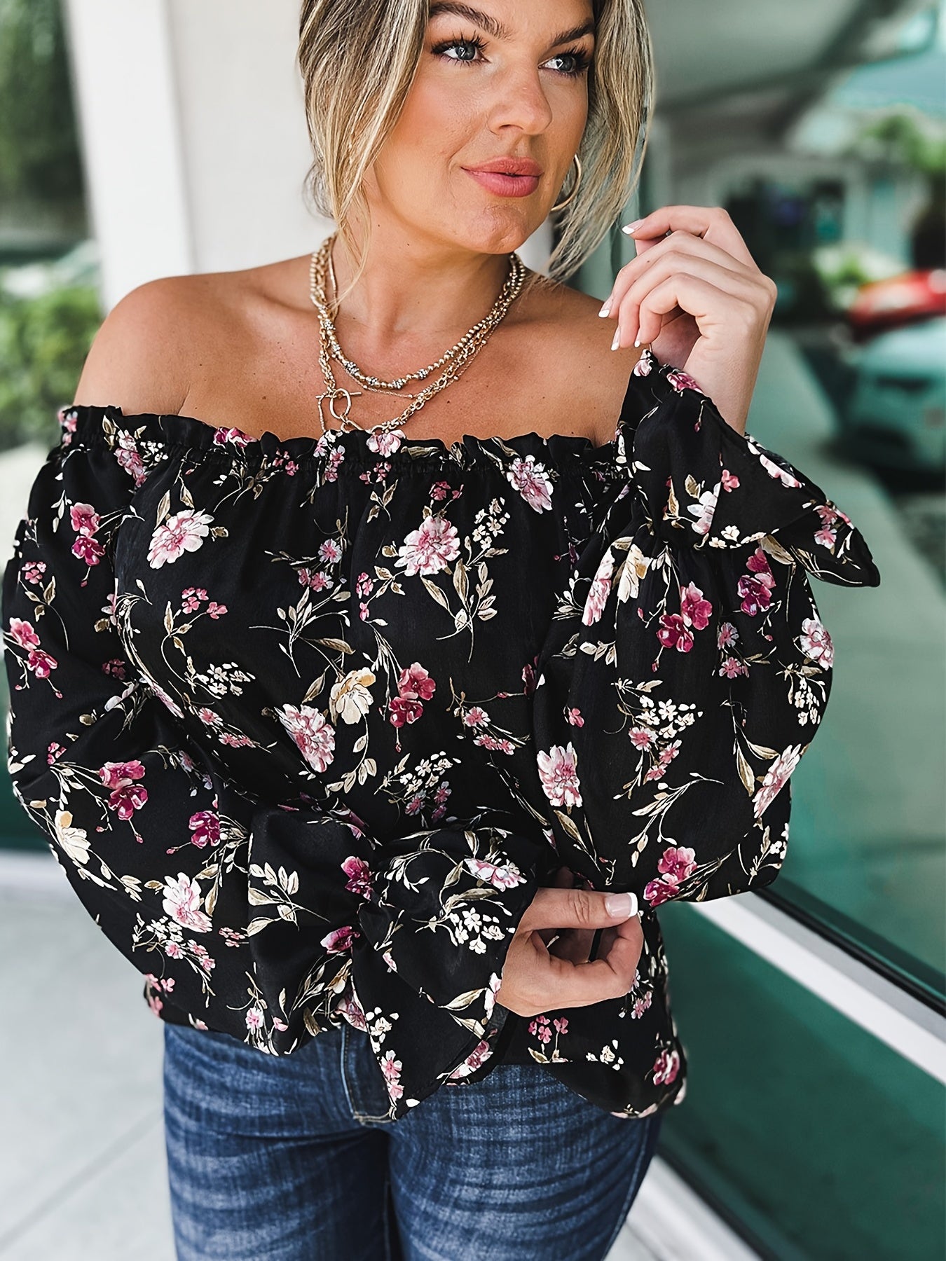 Off Shoulder Floral Print Blouse Women's Plus Semi Sheer B